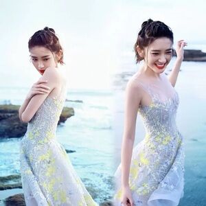 Korean style floral embroidery blue dress